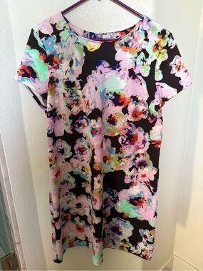 Neiman Marcus Floral Watercolor Shift Dress - Black & Pastel Multicolor